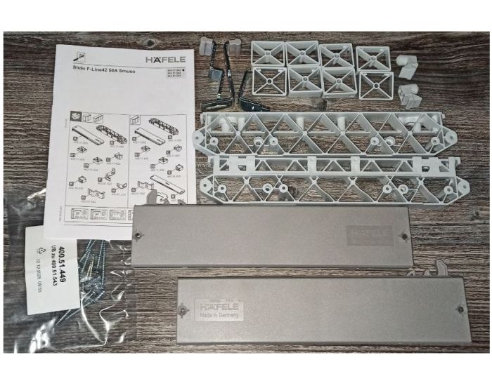 Фурнітура для розсувних дверей, Häfele Slido F-Line42 50A, Для дерев'яних розсувних дверей, передня панель, для дверного полотна вагою до 50 кг, передня панель, для 2 дверних стулок, з механізмом плавного закриття з одного боку, товщина дверного полотна 16–22 мм, 400.51.562 складається (400.51.532 + 400.51.543), 400.51.562