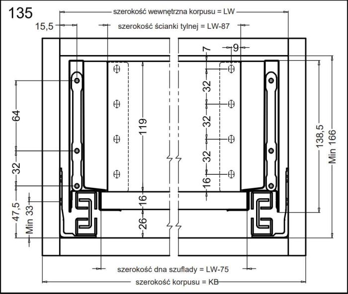 Комплект середньої шухляди Matrix S Slim 2.0 H135 L400, 35 кг, Білий, 514.13.823, 514.13.823