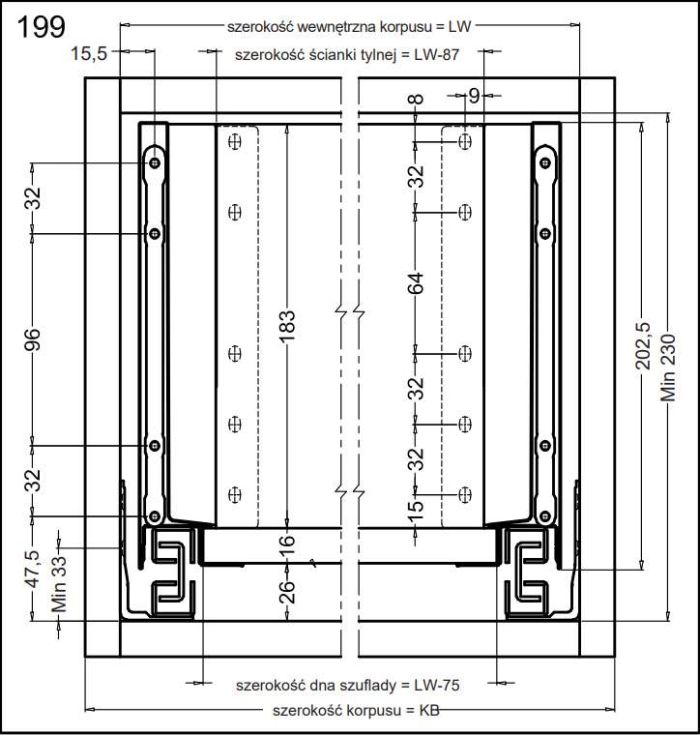 Комплект високої шухляди Matrix S Slim 2.0 з дотягом H199 L550 35 кг Сірий, 514.15.526, 514.15.526