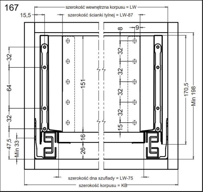 Комплект середньо-високої шухляди Matrix S Slim 2.0 H167 L400, 35 кг, Сірий, 514.14.523, 514.14.523