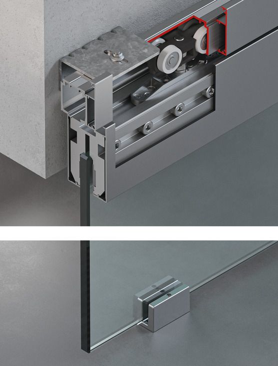 Комплет фурнітури  для розсувних дверей, Hafele Slido D-Line11 160L, для скляних розсувних дверей, кріплення до стіни або стелі, для ваги дверного полотна до 160 кг, з механізмом плавного закриття з обох боків, ширина дверного полотна: 986 мм, 941.62.039