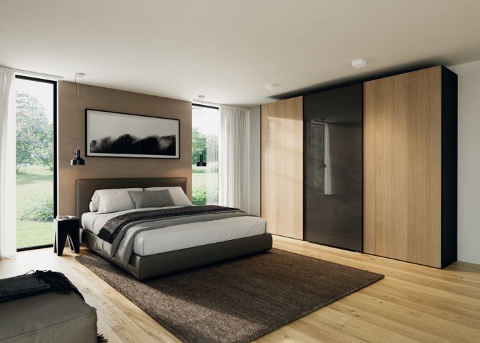 Комплект фурнітури, Hafele Slido F-Line44 80A, для дерев'яних розсувних дверей, передня панель, для дверного полотна вагою до 80 кг, для 3 дверних стулок, з механізмом плавного закриття з обох боків, товщина дверного полотна 16–19 мм, 407.41.021, 407.41.021