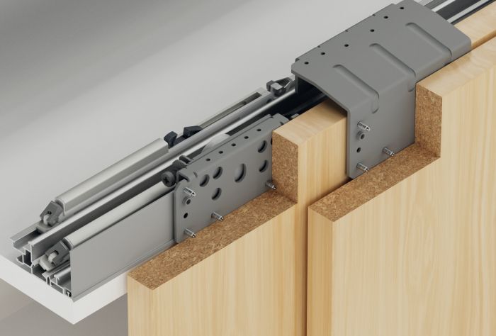 Комплект фурнітури, Hafele Slido F-Line44 80A, для дерев'яних розсувних дверей, передня панель, для дверного полотна вагою до 80 кг, для 3 дверних стулок, з механізмом плавного закриття з обох боків, товщина дверного полотна 16–19 мм, 407.41.021, 407.41.021