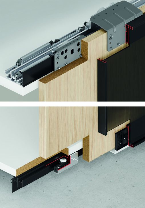 Комплект фурнітури, Hafele Slido F-Line44 80A, для дерев'яних розсувних дверей, передня панель, для дверного полотна вагою до 80 кг, для 3 дверних стулок, з механізмом плавного закриття з обох боків, товщина дверного полотна 16–19 мм, 407.41.021, 407.41.021