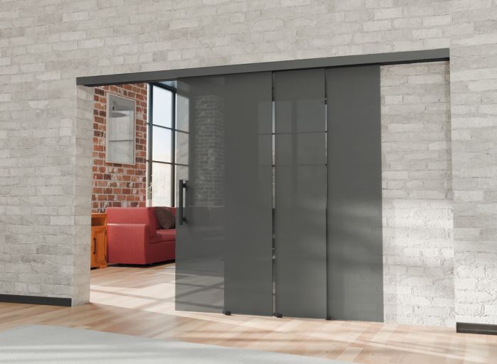 Фурнітура для розсувних дверей, телескопічне відкриття Hafele Slido D-Line11 120L| Для скляних розсувних дверей, ширина дверей 600–1250 мм, товщина скла 8–12,7 мм, для монтажу на стелю, для 4 дверей, вага дверей до 75 кг, чорний, 941.03.031, 941.03.031