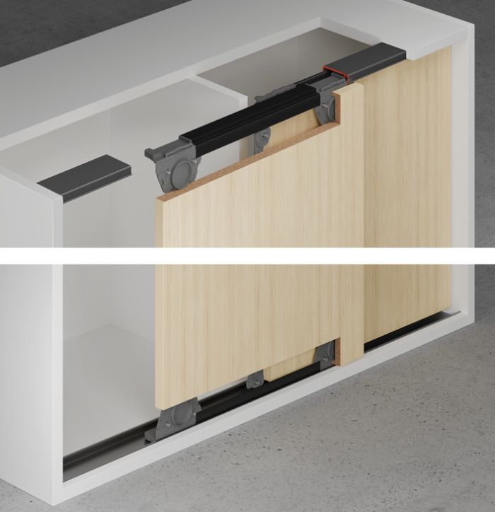 Компланарна система Hafele Slido F-Flush57 06A, для висоти дверей від 200 до 1100 мм, для 2 дверей, для ваги дверей до 3,9 кг, 400.05.000