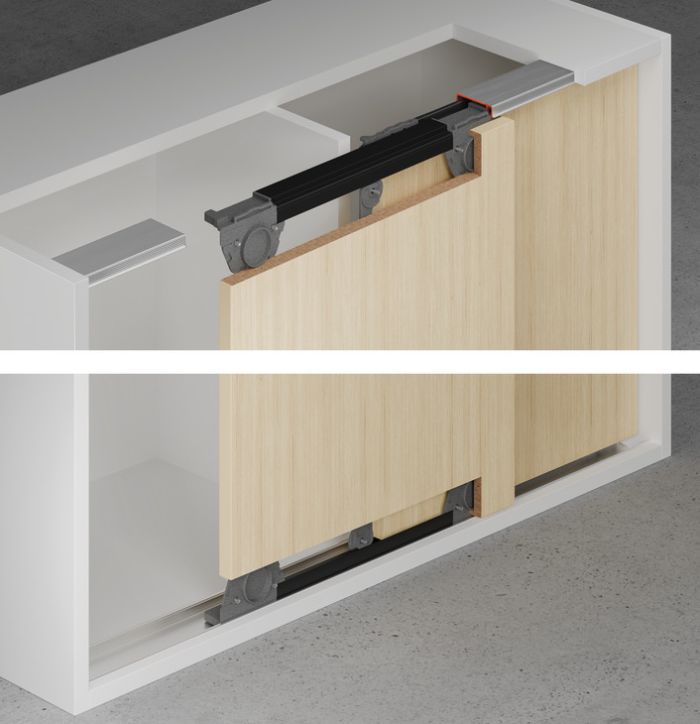 Компланарна система Hafele Slido F-Flush57 06A, для висоти дверей від 200 до 1100 мм, для 2 дверей, для ваги дверей до 3,9 кг, 400.05.000