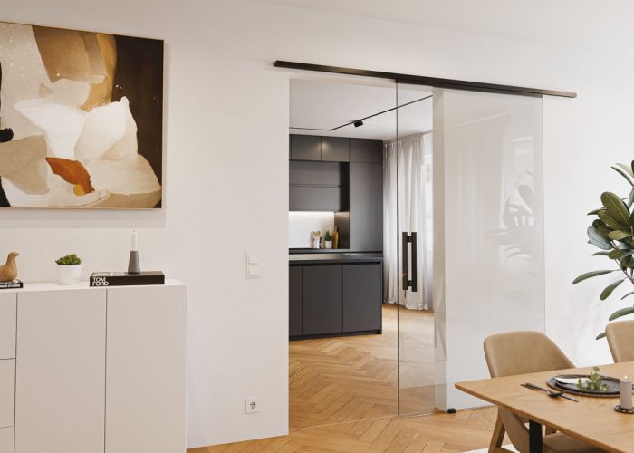 Фурнітура для розсувних дверей, Slido D-Line11 50J, комплект без ходової шини, для дверей вагою 50 кг, без механізму плавного та самозакривання, ходова частина з підшипником осі, буфер направляючої з утримуючою пружиною, ширина дверей: від 510 мм, 940.42.083, 940.42.083