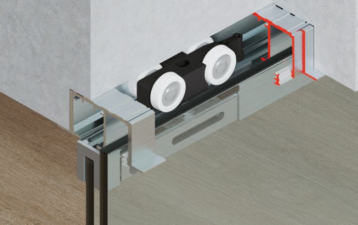 Фурнітура для розсувних дверей, Slido D-Line11 50J, комплект без ходової шини, для дверей вагою 50 кг, без механізму плавного та самозакривання, ходова частина з підшипником осі, буфер направляючої з утримуючою пружиною, ширина дверей: від 510 мм, 940.42.083, 940.42.083