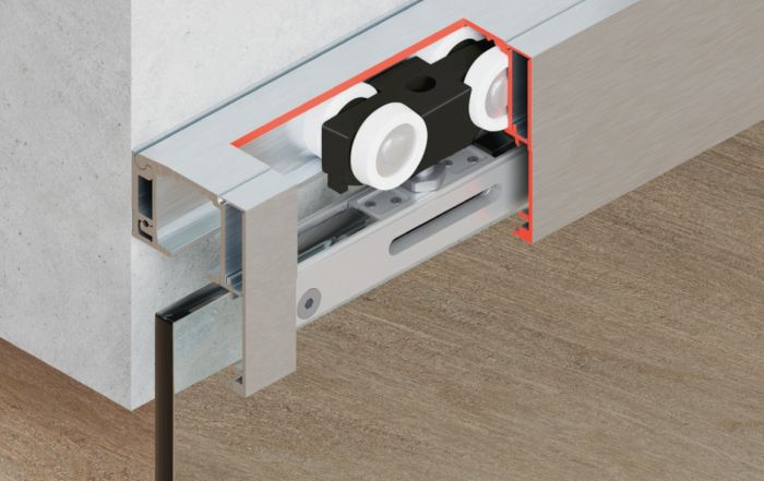 Фурнітура для розсувних дверей, Slido D-Line11 50J, комплект без ходової шини, для дверей вагою 50 кг, без механізму плавного та самозакривання, ходова частина з підшипником осі, буфер направляючої з утримуючою пружиною, ширина дверей: від 510 мм, 940.42.083, 940.42.083