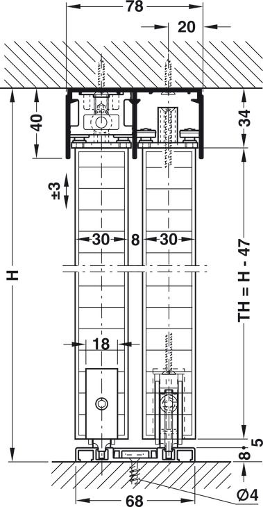 Фурнітура для розсувних дверей, EKU Divido 80 H і 80 H-DS1/DS2, комплект| Нижня ходова, для 1-стулкових та 4-стулкових дерев’яних розсувних дверей, підходить для похилих стель, стельовий монтаж, для дверей вагою до 80 кг, без ходової та напрямної., (940.92.001)  8302420090, 940.92.001