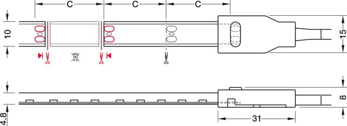 Світлодіодна стрічка в силіконовому корпусі, Hafele Loox5 LED 3146 24 В 8 мм 2-контактна (монохромна), для паза 10 x 4,8 мм, 160 світлодіодів/м, 6 Вт/м, IP45, теплий білий колір 3000 K, 5 м , 833.76.236, 833.76.236