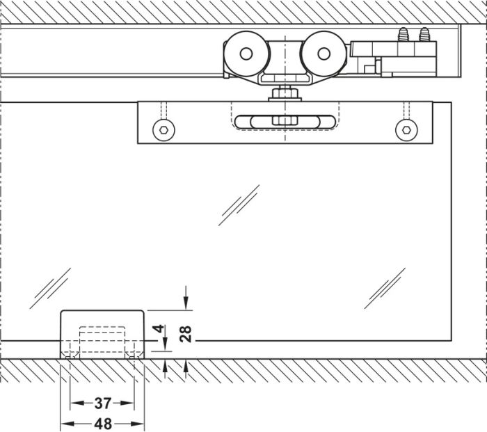 Фурнітура для розсувних дверей, Slido D-Line11 50J, комплект без ходової шини, для дверей вагою 50 кг, без механізму плавного та самозакривання, ходова частина з підшипником осі, буфер направляючої з утримуючою пружиною, ширина дверей: від 510 мм, 940.42.083, 940.42.083