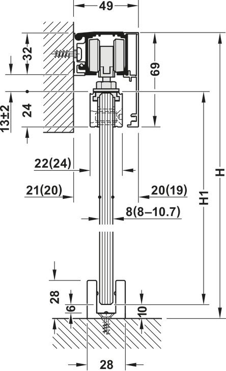 Фурнітура для розсувних дверей, Slido D-Line11 50J, комплект без ходової шини, для дверей вагою 50 кг, без механізму плавного та самозакривання, ходова частина з підшипником осі, буфер направляючої з утримуючою пружиною, ширина дверей: від 510 мм, 940.42.083, 940.42.083