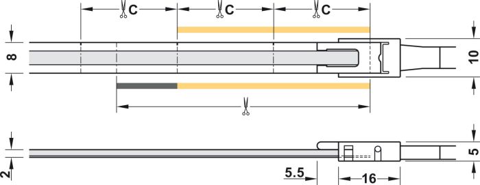 Світлодіодна стрічка, COB, Hafele Loox5 LED 3107, 24 В, 8 мм, 2-контактний (2-провідна технологія Tunable White), 2 x 320 світлодіодів/м, 9,6 Вт/м, IP20, Від теплого білого до холодного білого 2700 K–5000 K, 5 м, клас енергоефективності F, 833.76.531, 833.76.531