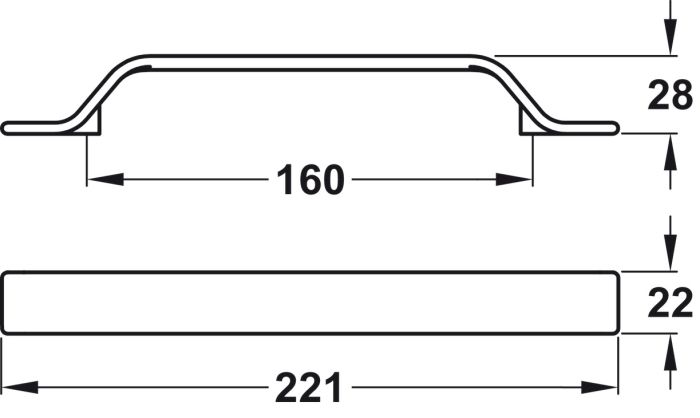 Ручка-дужка,цамак,матовий чорний колір, RAL 9003, довжина: 221 мм, відставнь між отворами: 160 мм, висота: 28 мм, 132.16.311, 132.16.311