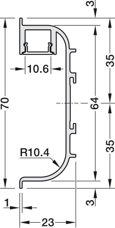 Ручка профіль C-подібна з інтегрованим світлодіодним профілем , сріблястого кольору, анодований E6/EV1, довжина: 5000 мм, 126.00.009, 126.00.009