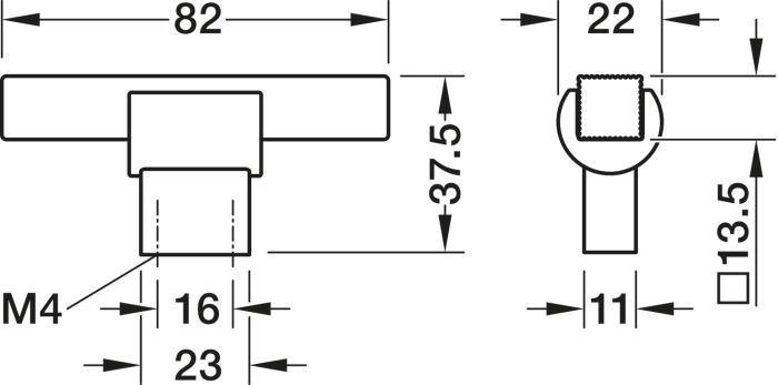 Ручка-кнопка,алюміній, матово-чорний, довжина: 82 мм, ширина: 22 мм, висота: 37,5 мм, відстань між отворами: 16 мм, 100.00.656, 100.00.656