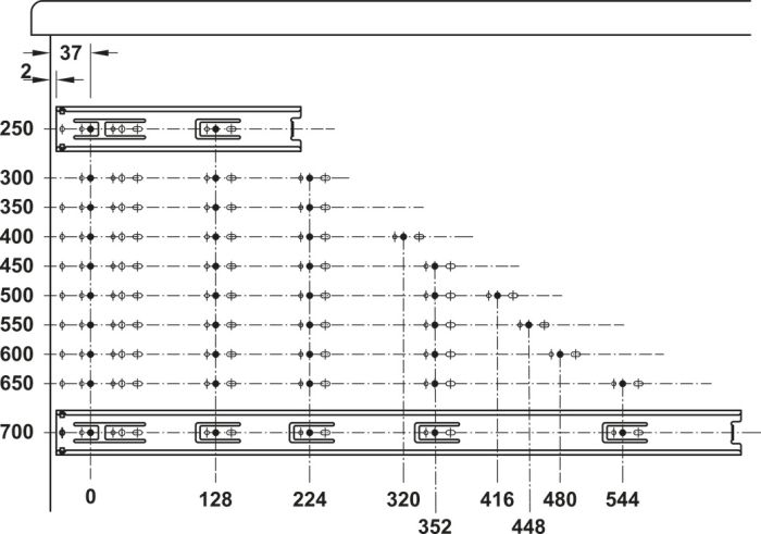 Направляюча телескоп., Hafele Matrix Runner BB A, повний висув, вантажопідйомність до 45 кг, сталь, бічне кріплення, 600 мм, з механізмом блокування в закритому положенні, товщина матеріалу: 1,2/1,2/1,4 мм, монтажна довжина: 600 мм, чорне оцинковане покриття,  432.21.377, 432.21.377
