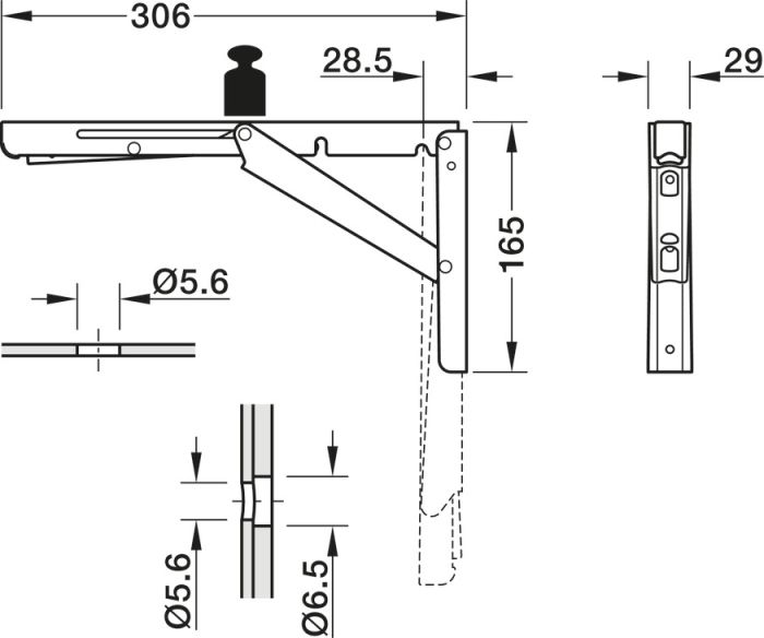 Кронштейн, Roca Robust L, Вантажопідйомність 150 кг на штуку, складаний, нержавіюча сталь, з механізмом блокування, глибина 306 мм, 287.46.021, 287.46.021