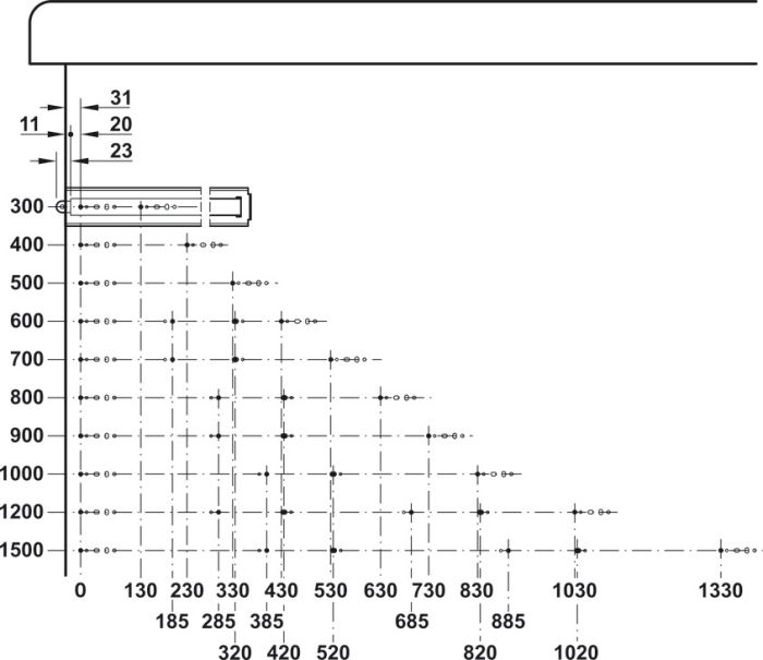 Кулькові напрямні, повного висуву, вантажопідйомність до 325 кг, сталь, бічне або накладне кріплення, з механізмом блокування в закритому та висунутому положеннях, фронтальне керування за допомогою центрального важеля, монтажна довжина: 400 мм, 420.78.064, 420.78.064