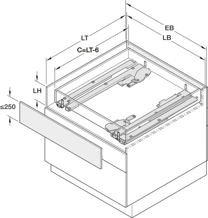 Система висувних шухляд, Riverso, двосторонній рух, вантажопідйомність до 46 кг, глибина монтажу в світлій площі: 530–609 мм, 433.30.901, 433.30.901