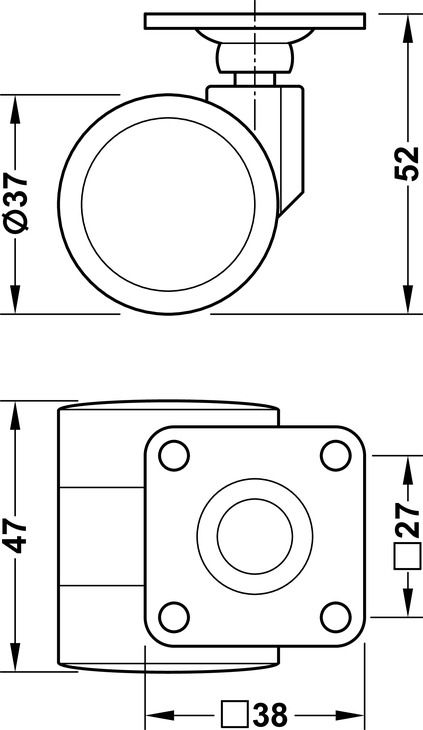 Подвійний ролик, вантажопідйомність 70 кг, керований, висота 52 мм, діаметр колеса RD 37 мм, протектор: м'який, колір: чорний/сірий, 661.23.722, 661.23.722