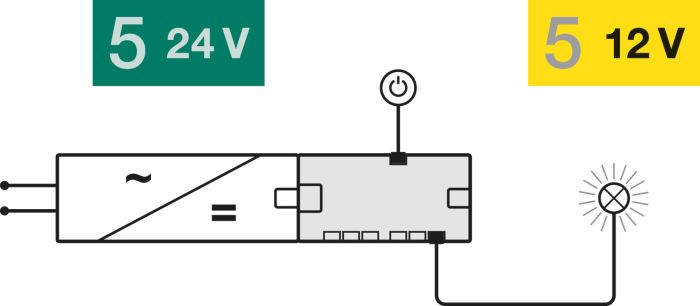 Перетворювач Hafele Loox5 для підключення пристроїв 12 V до джерела живлення 24 V, 60 Вт, з функцією перемикання, 833.77.847, 833.77.847