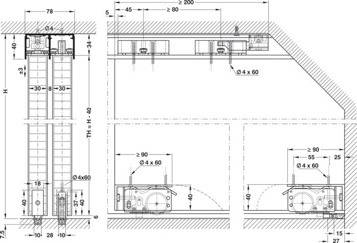 Фурнітура для розсувних дверей, EKU Divido 80 H і 80 H-DS1/DS2, комплект| Нижня ходова, для 1-стулкових та 4-стулкових дерев’яних розсувних дверей, підходить для похилих стель, стельовий монтаж, для дверей вагою до 80 кг, без ходової та напрямної., (940.92.001)  8302420090, 940.92.001