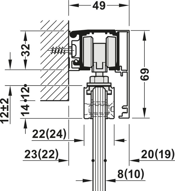 Фурнітура для розсувних дверей, Slido D-Line11 50J, комплект без ходової шини, для дверей вагою 50 кг, без механізму плавного та самозакривання, ходова частина з підшипником осі, буфер направляючої з утримуючою пружиною, ширина дверей: від 510 мм, 940.42.083, 940.42.083