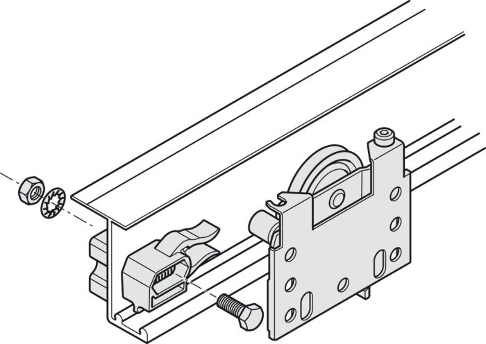 Фурнітура для розсувних дверей, Häfele Slido F-Line42 50A, Для дерев'яних розсувних дверей, передня панель, для дверного полотна вагою до 50 кг, передня панель, для 2 дверних стулок, з механізмом плавного закриття з одного боку, товщина дверного полотна 16–22 мм, 400.51.562 складається (400.51.532 + 400.51.543), 400.51.562