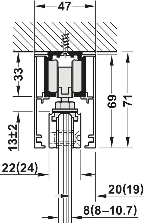 Фурнітура для розсувних дверей, Slido D-Line11 50J, комплект без ходової шини, для дверей вагою 50 кг, без механізму плавного та самозакривання, ходова частина з підшипником осі, буфер направляючої з утримуючою пружиною, ширина дверей: від 510 мм, 940.42.083, 940.42.083