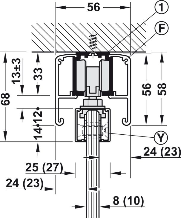 Фурнітура для розсувних дверей, Slido D-Line11 50J, комплект без ходової шини, для дверей вагою 50 кг, без механізму плавного та самозакривання, ходова частина з підшипником осі, буфер направляючої з утримуючою пружиною, ширина дверей: від 510 мм, 940.42.083, 940.42.083