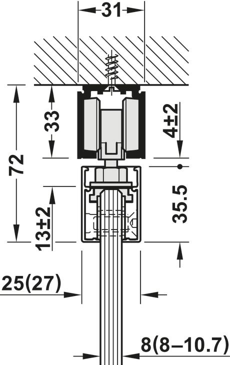 Фурнітура для розсувних дверей, Slido D-Line11 50J, комплект без ходової шини, для дверей вагою 50 кг, без механізму плавного та самозакривання, ходова частина з підшипником осі, буфер направляючої з утримуючою пружиною, ширина дверей: від 510 мм, 940.42.083, 940.42.083