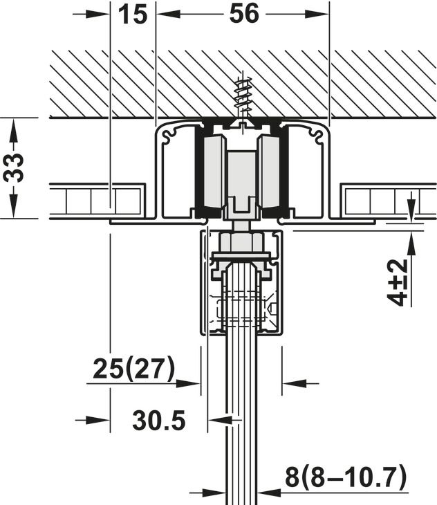 Фурнітура для розсувних дверей, Slido D-Line11 50J, комплект без ходової шини, для дверей вагою 50 кг, без механізму плавного та самозакривання, ходова частина з підшипником осі, буфер направляючої з утримуючою пружиною, ширина дверей: від 510 мм, 940.42.083, 940.42.083