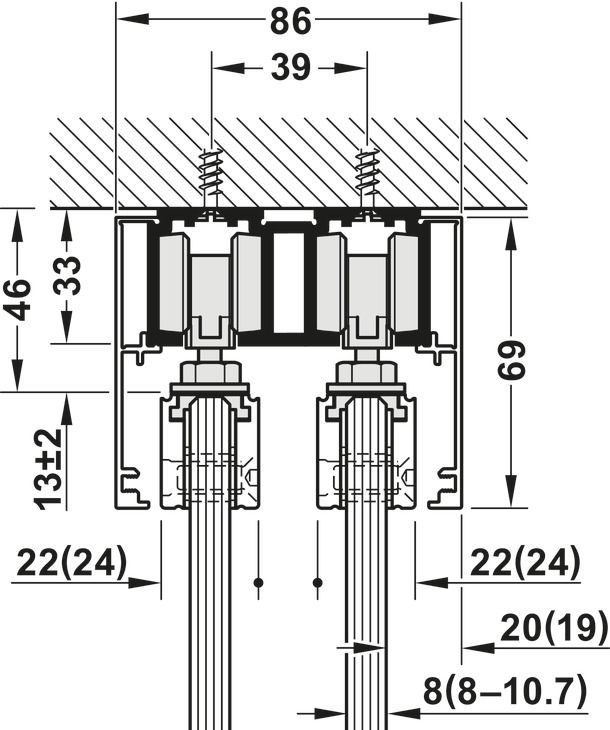 Фурнітура для розсувних дверей, Slido D-Line11 50J, комплект без ходової шини, для дверей вагою 50 кг, без механізму плавного та самозакривання, ходова частина з підшипником осі, буфер направляючої з утримуючою пружиною, ширина дверей: від 510 мм, 940.42.083, 940.42.083