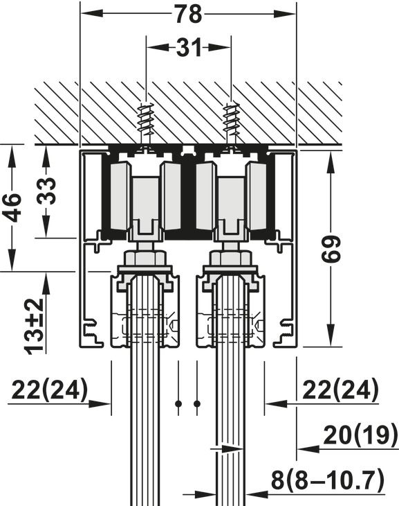 Фурнітура для розсувних дверей, Slido D-Line11 50J, комплект без ходової шини, для дверей вагою 50 кг, без механізму плавного та самозакривання, ходова частина з підшипником осі, буфер направляючої з утримуючою пружиною, ширина дверей: від 510 мм, 940.42.083, 940.42.083