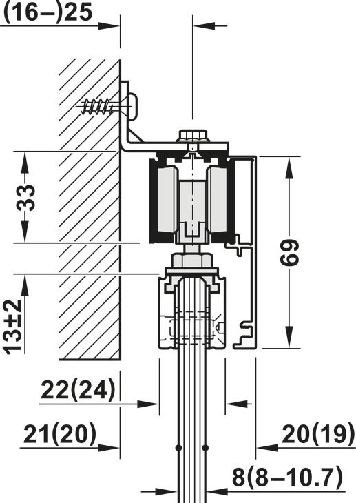 Фурнітура для розсувних дверей, Slido D-Line11 50J, комплект без ходової шини, для дверей вагою 50 кг, без механізму плавного та самозакривання, ходова частина з підшипником осі, буфер направляючої з утримуючою пружиною, ширина дверей: від 510 мм, 940.42.083, 940.42.083