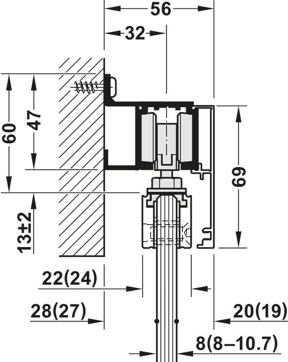 Фурнітура для розсувних дверей, Slido D-Line11 50J, комплект без ходової шини, для дверей вагою 50 кг, без механізму плавного та самозакривання, ходова частина з підшипником осі, буфер направляючої з утримуючою пружиною, ширина дверей: від 510 мм, 940.42.083, 940.42.083