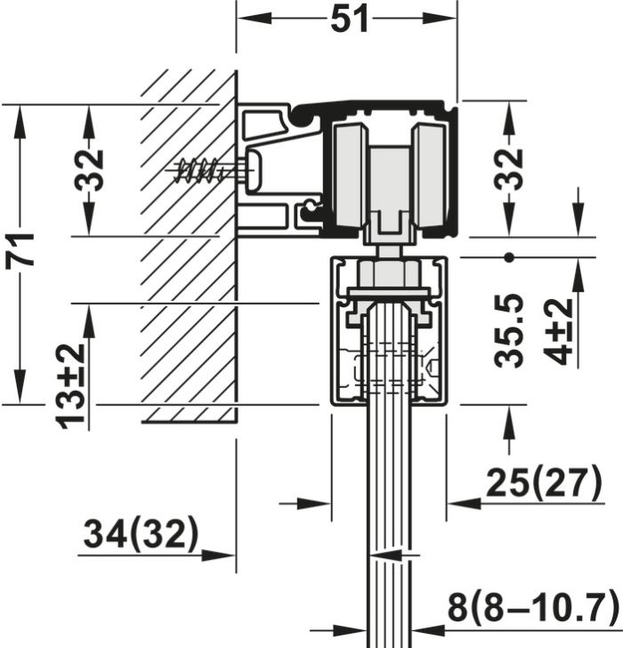 Фурнітура для розсувних дверей, Slido D-Line11 50J, комплект без ходової шини, для дверей вагою 50 кг, без механізму плавного та самозакривання, ходова частина з підшипником осі, буфер направляючої з утримуючою пружиною, ширина дверей: від 510 мм, 940.42.083, 940.42.083