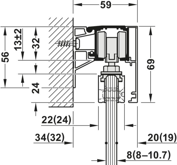 Фурнітура для розсувних дверей, Slido D-Line11 50J, комплект без ходової шини, для дверей вагою 50 кг, без механізму плавного та самозакривання, ходова частина з підшипником осі, буфер направляючої з утримуючою пружиною, ширина дверей: від 510 мм, 940.42.083, 940.42.083