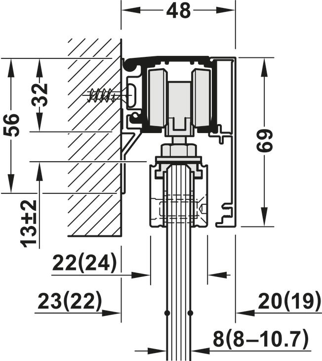 Фурнітура для розсувних дверей, Slido D-Line11 50J, комплект без ходової шини, для дверей вагою 50 кг, без механізму плавного та самозакривання, ходова частина з підшипником осі, буфер направляючої з утримуючою пружиною, ширина дверей: від 510 мм, 940.42.083, 940.42.083