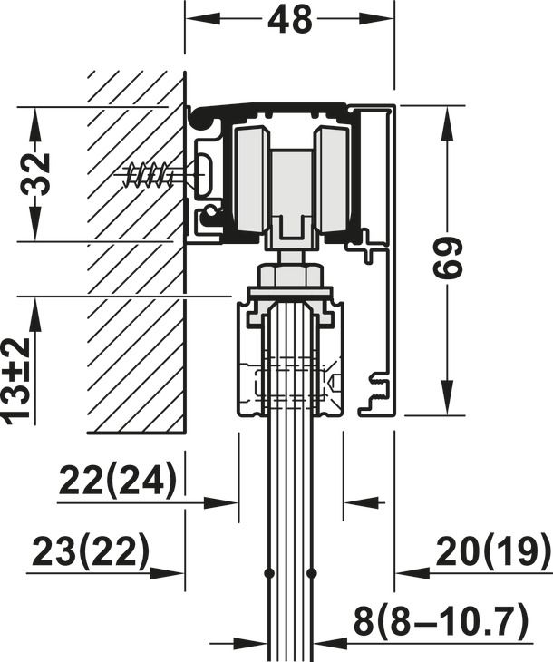 Фурнітура для розсувних дверей, Slido D-Line11 50J, комплект без ходової шини, для дверей вагою 50 кг, без механізму плавного та самозакривання, ходова частина з підшипником осі, буфер направляючої з утримуючою пружиною, ширина дверей: від 510 мм, 940.42.083, 940.42.083