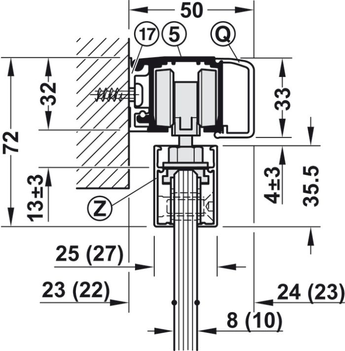 Фурнітура для розсувних дверей, Slido D-Line11 50J, комплект без ходової шини, для дверей вагою 50 кг, без механізму плавного та самозакривання, ходова частина з підшипником осі, буфер направляючої з утримуючою пружиною, ширина дверей: від 510 мм, 940.42.083, 940.42.083