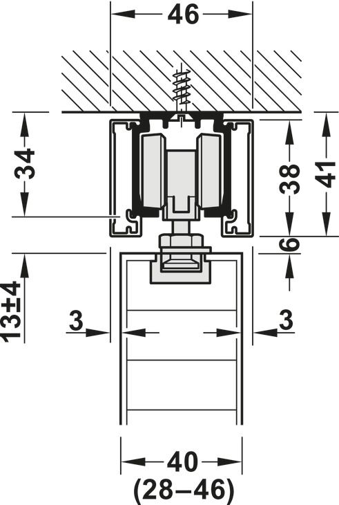 Комплет фурнітури для розсувних дверей, Hafele Slido D-Line11 160C, для дерев'яних розсувних дверей, кріплення до стіни або стелі, для ваги дверного полотна до 160 кг, з механізмом плавного закриття з одного боку, з буфером  та стопорною пружиною, ширина дверного полотна: 556 мм, 941.62.025