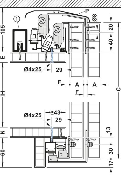 Комплект фурнітури, Hafele Slido F-Line44 80A, для дерев'яних розсувних дверей, передня панель, для дверного полотна вагою до 80 кг, для 3 дверних стулок, з механізмом плавного закриття з обох боків, товщина дверного полотна 16–19 мм, 407.41.021, 407.41.021