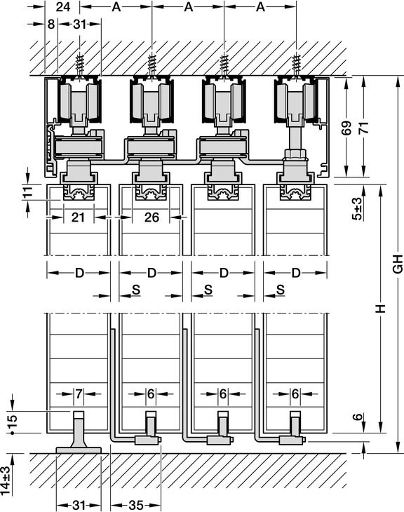 Фурнітура для розсувних дверей, телескопічне відкриття Hafele Slido D-Line11 120P| Для дерев'яних розсувних дверей, ширина дверей 600–1250 мм, товщина дверей 26–45 мм, для монтажу на стелю, для 4 дверей, вага дверей до 75 кг, 941.03.025, 941.03.025