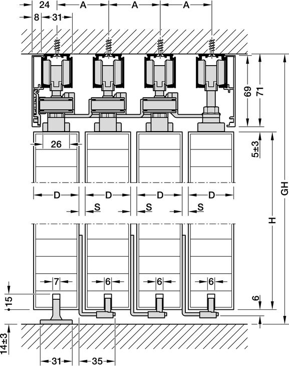 Фурнітура для розсувних дверей, телескопічне відкриття Hafele Slido D-Line11 80P| Для дерев'яних розсувних дверей, ширина дверей 600–1250 мм, товщина дверей 26–45 мм, для монтажу на стелю, для 3 дверей, вага дверей до 70 кг, 941.03.021, 941.03.021
