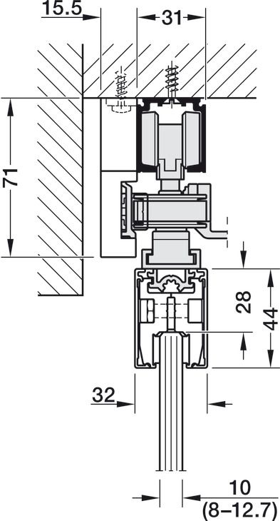 Фурнітура для розсувних дверей, телескопічне відкриття Hafele Slido D-Line11 120L| Для скляних розсувних дверей, ширина дверей 600–1250 мм, товщина скла 8–12,7 мм, для монтажу на стелю, для 4 дверей, вага дверей до 75 кг, чорний, 941.03.031, 941.03.031