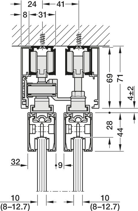 Фурнітура для розсувних дверей, телескопічне відкриття Hafele Slido D-Line11 120L| Для скляних розсувних дверей, ширина дверей 600–1250 мм, товщина скла 8–12,7 мм, для монтажу на стелю, для 2 дверей, вага дверей до 120 кг, чорний, 941.03.029, 941.03.029